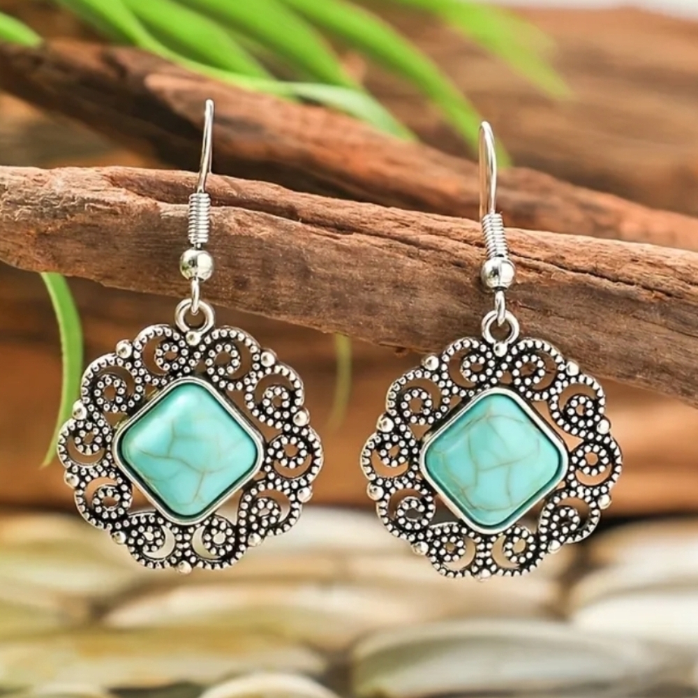 Boho Turquoise and Silver Filigree Earrings